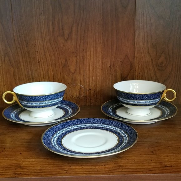 Haviland New York Mosaic Cobalt Blue 2 Cups & 3 Saucers - Picture 1 of 8